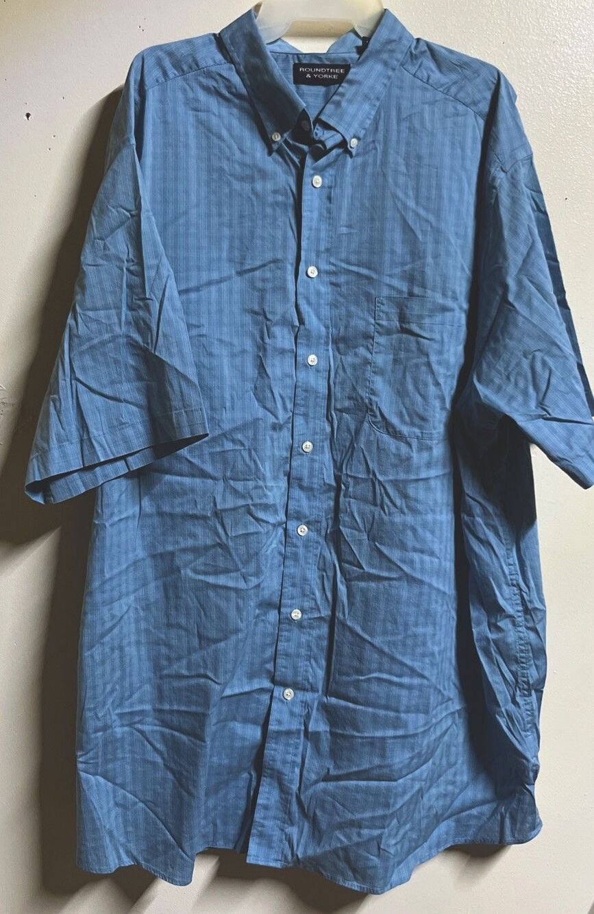 Roundtree & Yorke Mens Dress Shirt Size 3XT Blue Stripe Short Sleeve Pocket